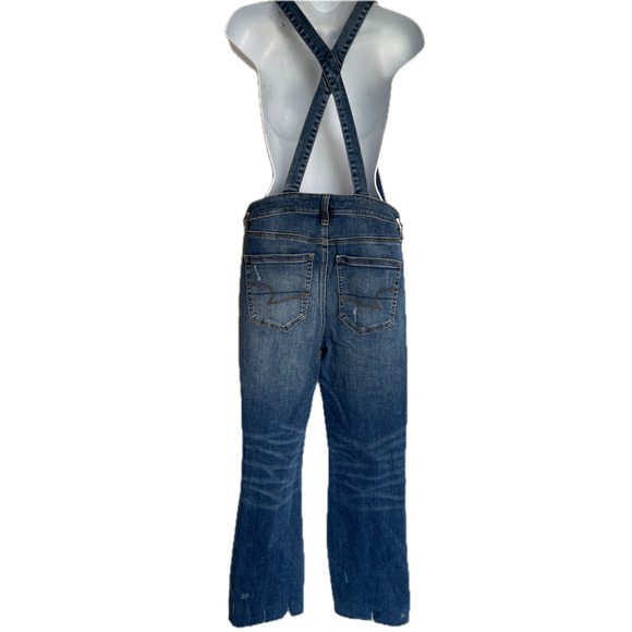 American Eagle Hi Rise Crop Flare Overalls SZ 8 SHORT Raw Hem - Picture 2 of 9
